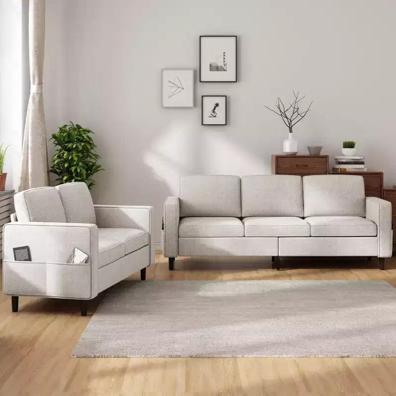 Mjkone 3PCS Convertible Sectional Sofa Set, Linen 3-Seater Sofa & Loveseat Couch with Side Pocket, Storage Ottoman
