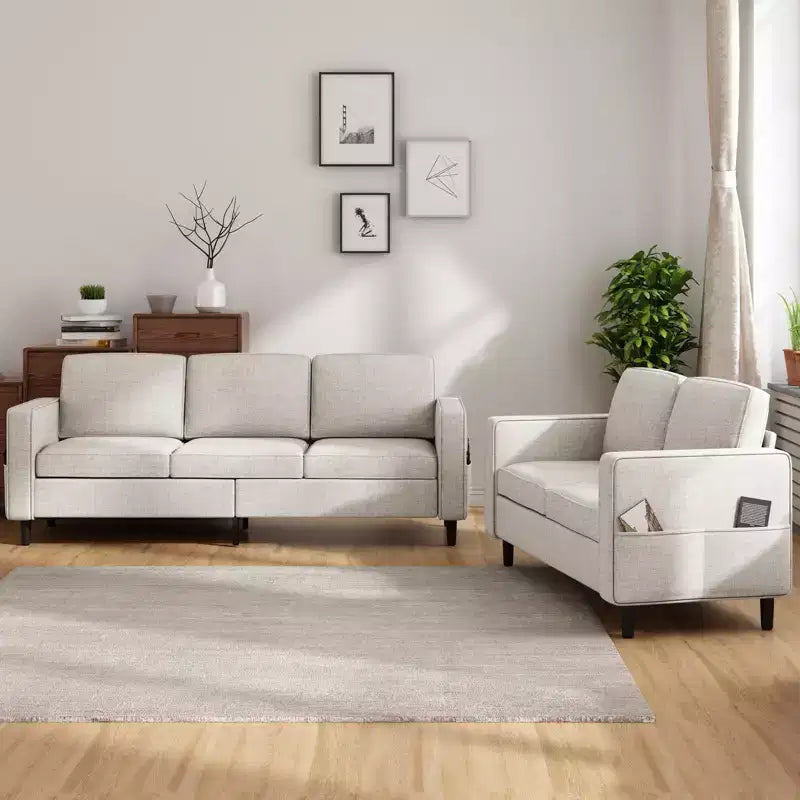Mjkone 3PCS Convertible Sectional Sofa Set, Linen 3-Seater Sofa & Loveseat Couch with Side Pocket, Storage Ottoman