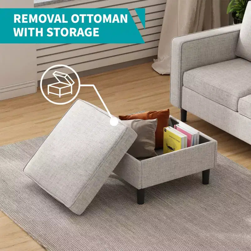Mjkone 3PCS Convertible Sectional Sofa Set, Linen 3-Seater Sofa & Loveseat Couch with Side Pocket, Storage Ottoman