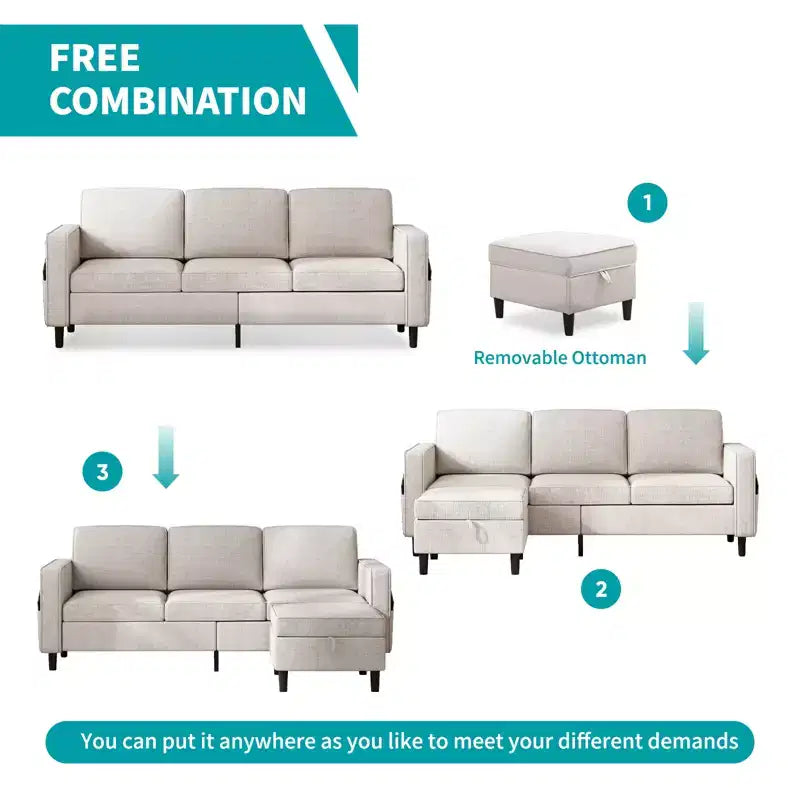 Mjkone 3PCS Convertible Sectional Sofa Set, Linen 3-Seater Sofa & Loveseat Couch with Side Pocket, Storage Ottoman