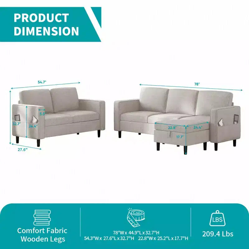 Mjkone 3PCS Convertible Sectional Sofa Set, Linen 3-Seater Sofa & Loveseat Couch with Side Pocket, Storage Ottoman