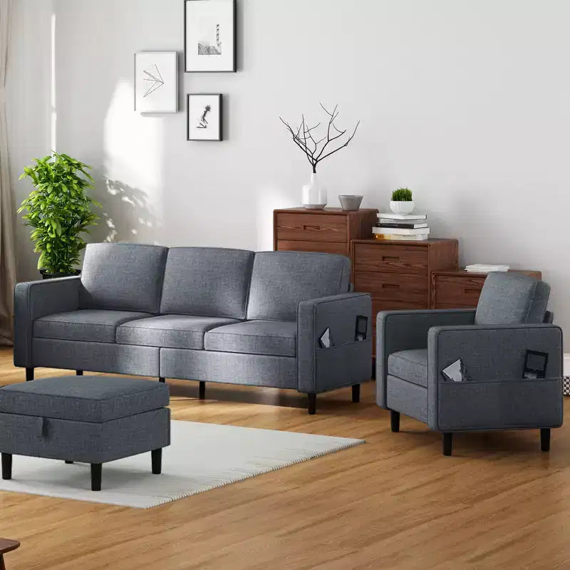 Mjkone Convertible Linen 3-Seater Sofa with Storage Ottoman&Single Sofa Chair with Side Pocket