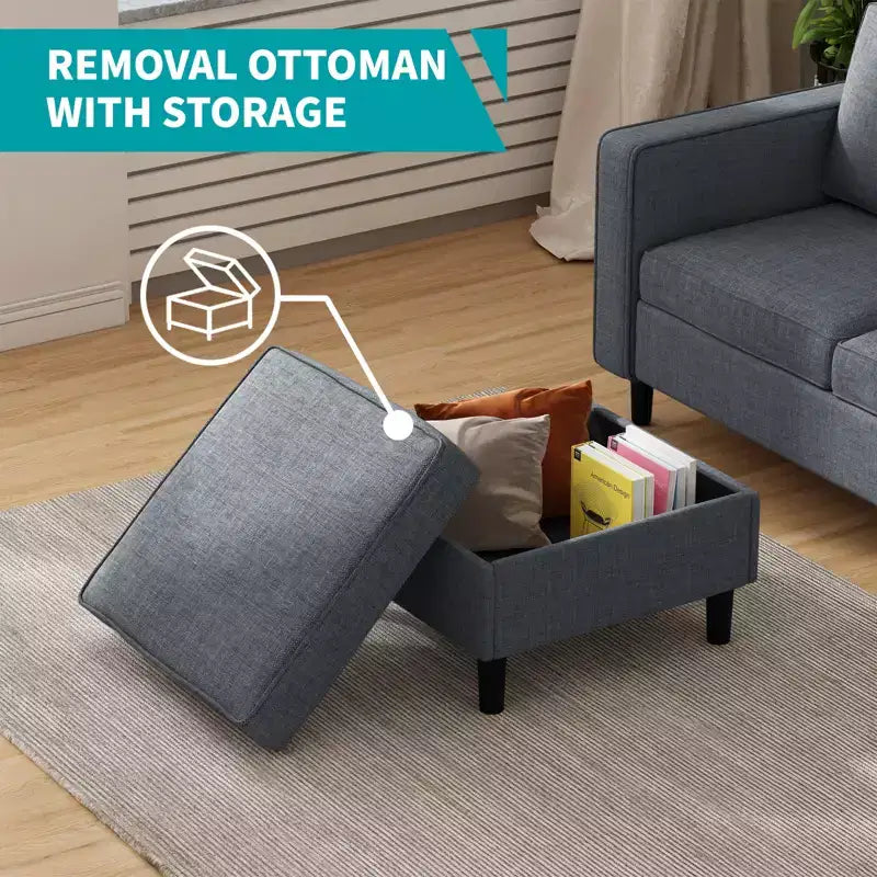 Mjkone Convertible Linen 3-Seater Sofa with Storage Ottoman&Single Sofa Chair with Side Pocket