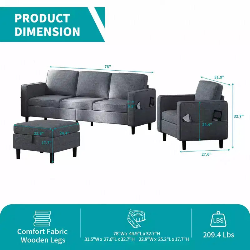 Mjkone Convertible Linen 3-Seater Sofa with Storage Ottoman&Single Sofa Chair with Side Pocket