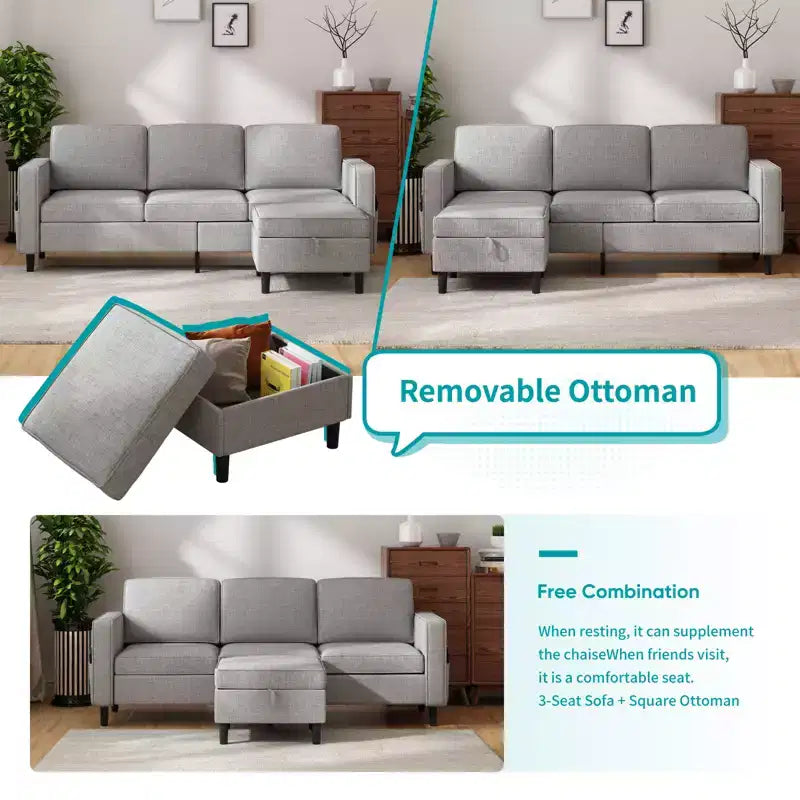 Mjkone Convertible Linen 3-Seater Sofa with Storage Ottoman&Single Sofa Chair with Side Pocket