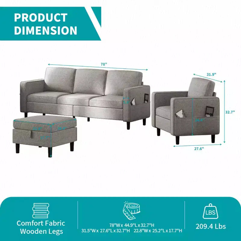 Mjkone Convertible Linen 3-Seater Sofa with Storage Ottoman&Single Sofa Chair with Side Pocket