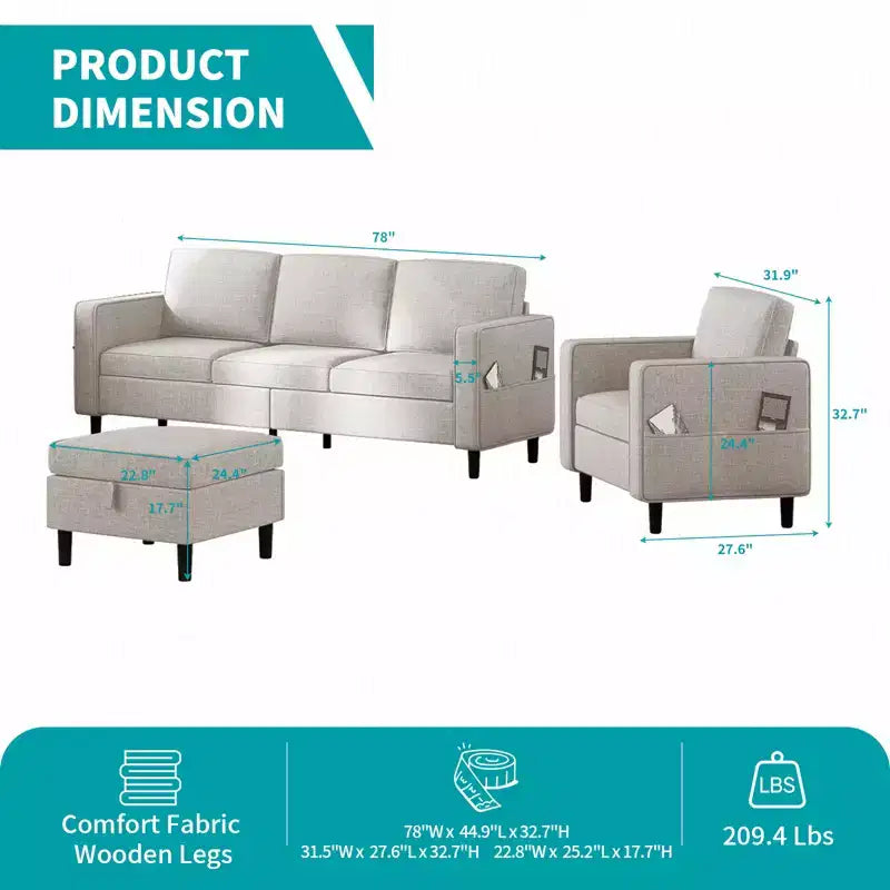 Mjkone Convertible Linen 3-Seater Sofa with Storage Ottoman&Single Sofa Chair with Side Pocket