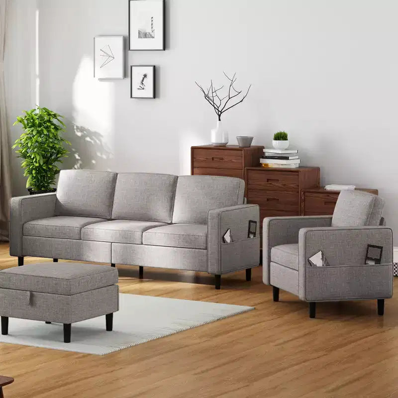 Sofá convertible Mjkone de lino de 3 plazas con otomana de almacenaje y sillón individual con bolsillo lateral