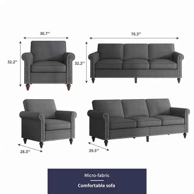 Mjkone Modern Linen Fabric 3-Seater Sofa Couch with Single Sofa Chair with Rivet Design for Living Room,Bedroom,Apartment,Office