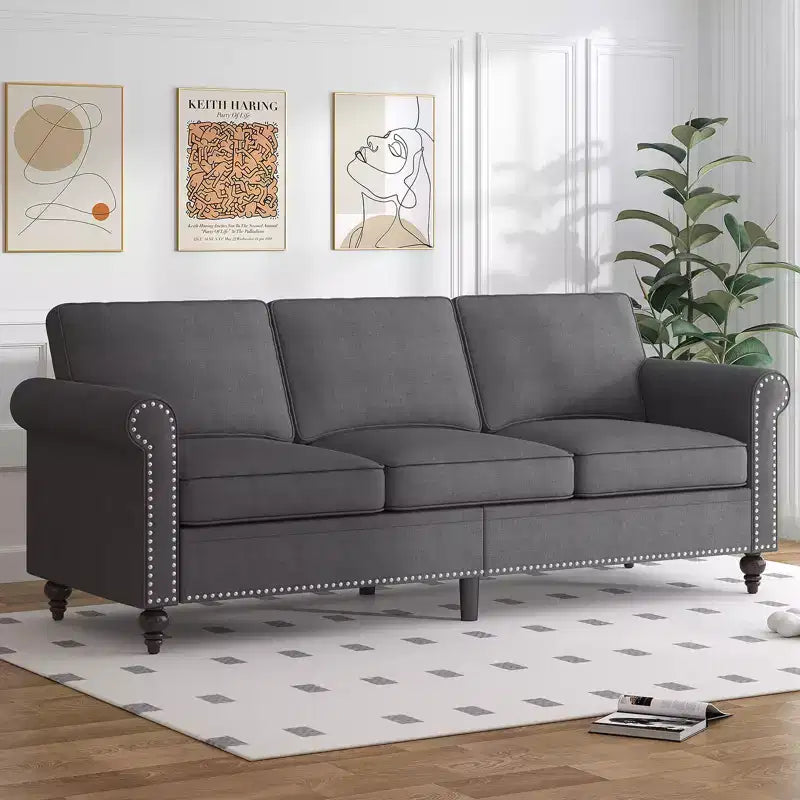Mjkone Modern Linen Fabric 3-Seater Sofa Couch with Single Sofa Chair with Rivet Design for Living Room,Bedroom,Apartment,Office