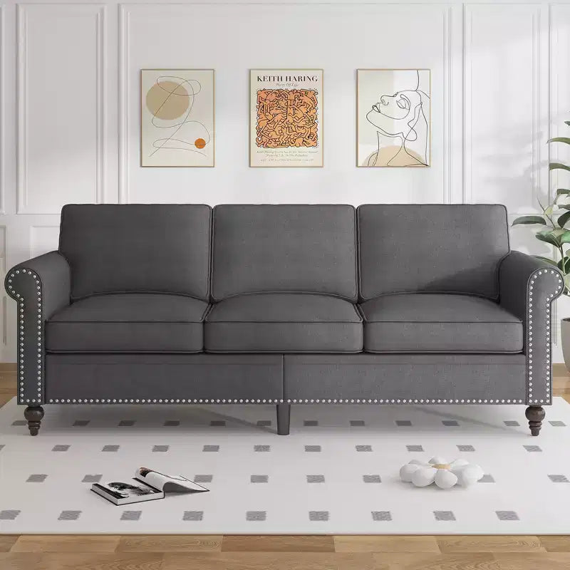 Mjkone Modern Linen Fabric 3-Seater Sofa Couch with Single Sofa Chair with Rivet Design for Living Room,Bedroom,Apartment,Office