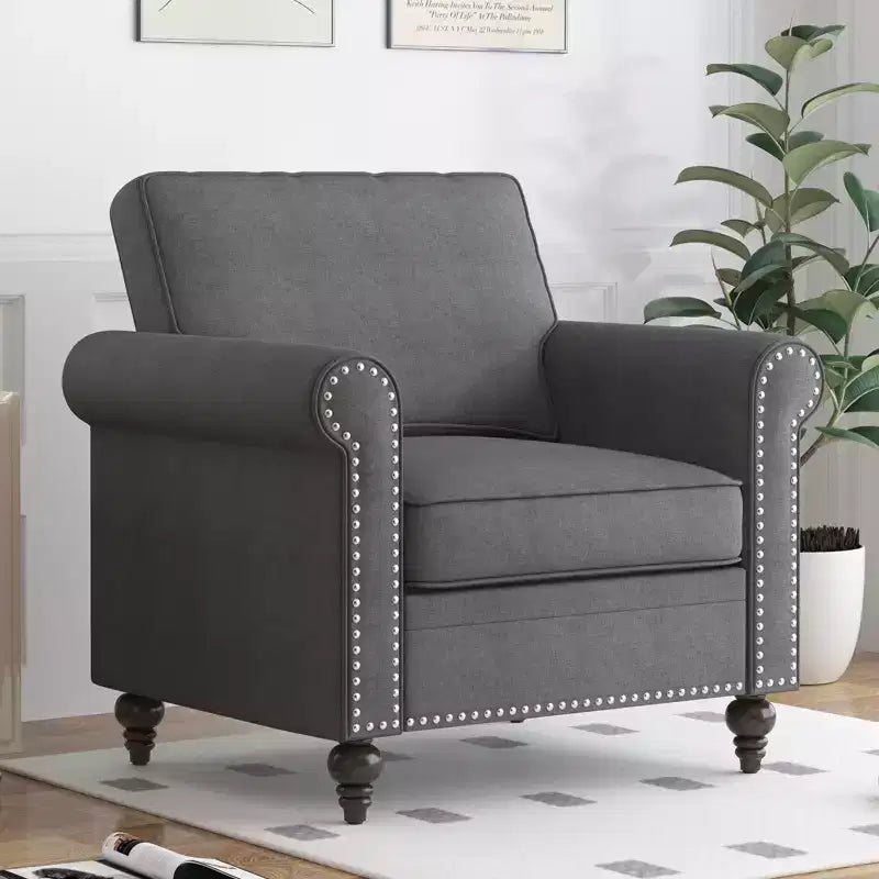 Mjkone Modern Linen Fabric 3-Seater Sofa Couch with Single Sofa Chair with Rivet Design for Living Room,Bedroom,Apartment,Office