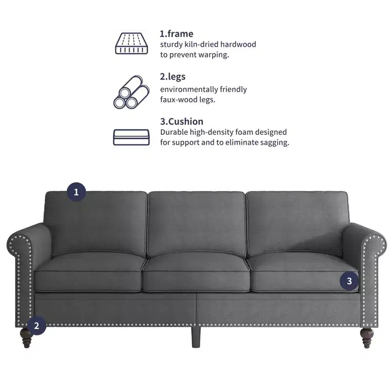 Mjkone Modern Linen Fabric 3-Seater Sofa Couch with Single Sofa Chair with Rivet Design for Living Room,Bedroom,Apartment,Office