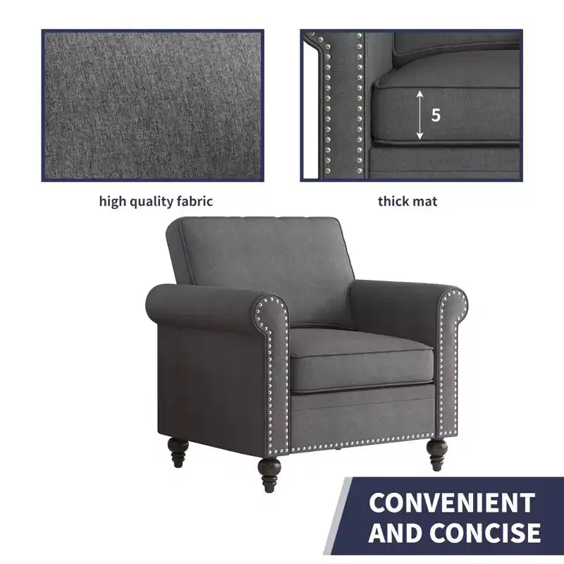 Mjkone Modern Linen Fabric 3-Seater Sofa Couch with Single Sofa Chair with Rivet Design for Living Room,Bedroom,Apartment,Office