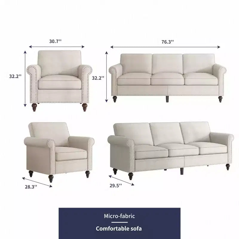 Mjkone Modern Linen Fabric 3-Seater Sofa Couch with Single Sofa Chair with Rivet Design for Living Room,Bedroom,Apartment,Office