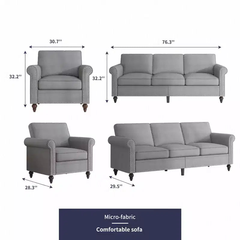 Mjkone Modern Linen Fabric 3-Seater Sofa Couch with Single Sofa Chair with Rivet Design for Living Room,Bedroom,Apartment,Office