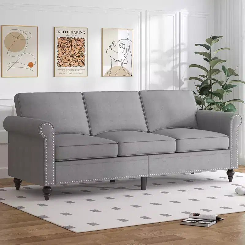 Mjkone Modern Linen Fabric 3-Seater Sofa Couch with Single Sofa Chair with Rivet Design for Living Room,Bedroom,Apartment,Office
