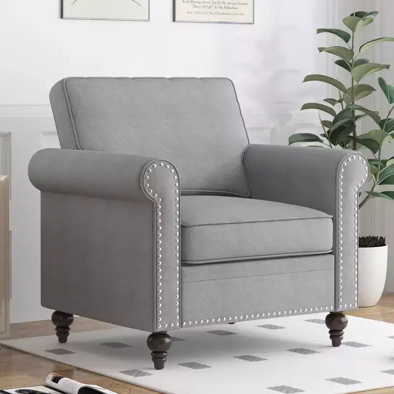 Mjkone Modern Linen Fabric 3-Seater Sofa Couch with Single Sofa Chair with Rivet Design for Living Room,Bedroom,Apartment,Office