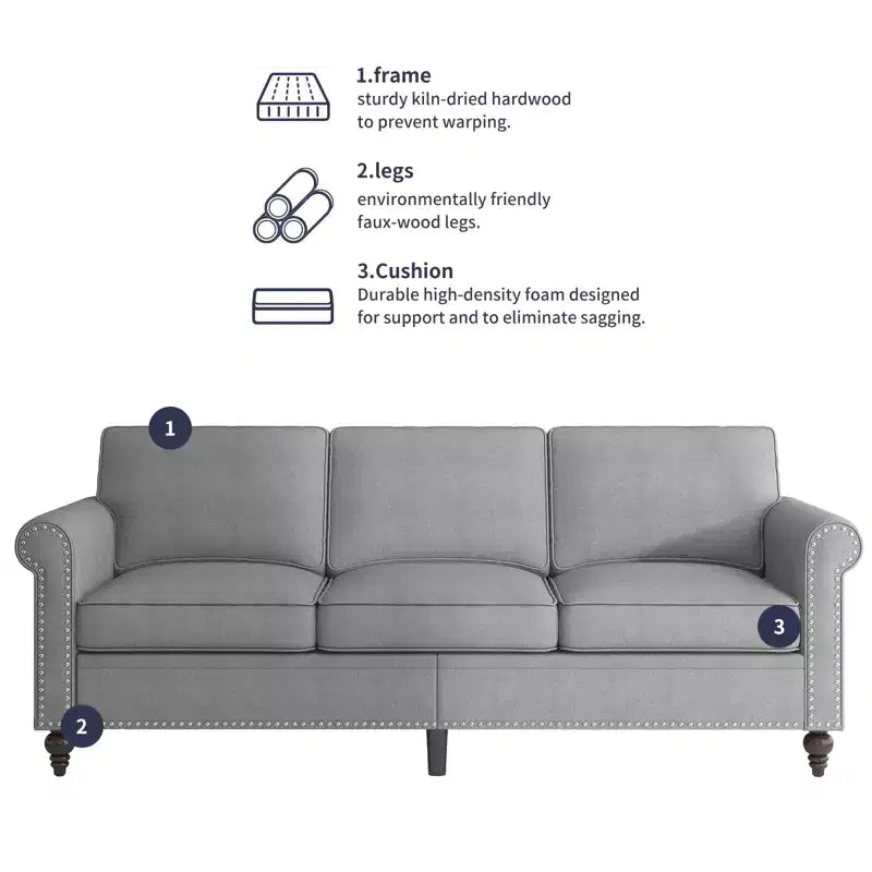 Mjkone Modern Linen Fabric 3-Seater Sofa Couch with Single Sofa Chair with Rivet Design for Living Room,Bedroom,Apartment,Office