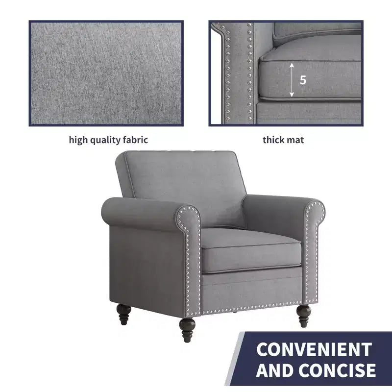 Mjkone Modern Linen Fabric 3-Seater Sofa Couch with Single Sofa Chair with Rivet Design for Living Room,Bedroom,Apartment,Office