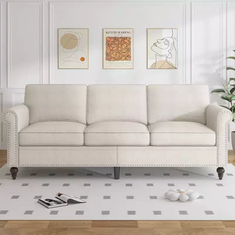 Mjkone Modern Linen Fabric 3-Seater Sofa Couch with Single Sofa Chair with Rivet Design for Living Room,Bedroom,Apartment,Office