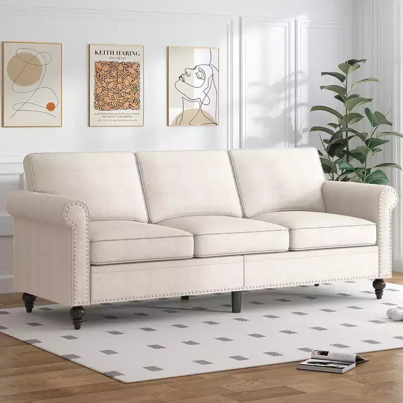 Mjkone Modern Linen Fabric 3-Seater Sofa Couch with Single Sofa Chair with Rivet Design for Living Room,Bedroom,Apartment,Office