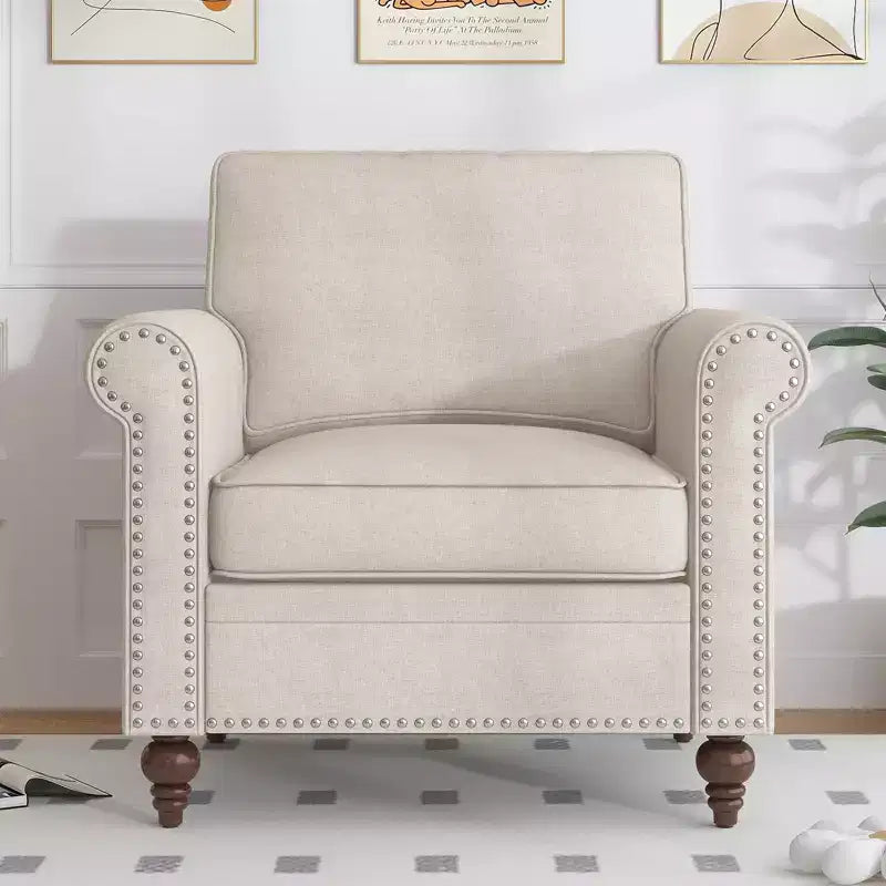 Mjkone Modern Linen Fabric 3-Seater Sofa Couch with Single Sofa Chair with Rivet Design for Living Room,Bedroom,Apartment,Office