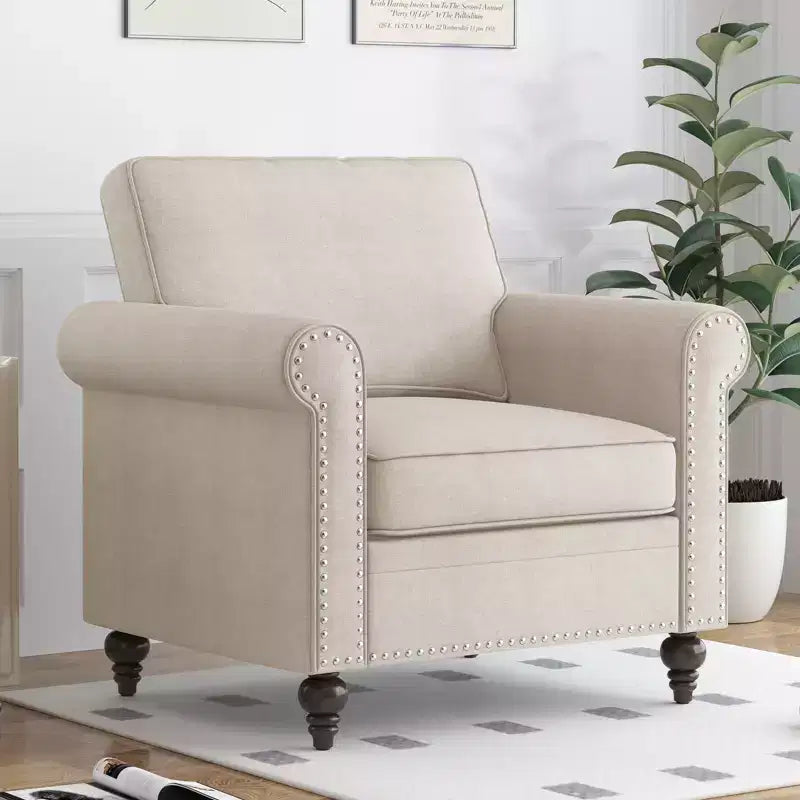 Mjkone Modern Linen Fabric 3-Seater Sofa Couch with Single Sofa Chair with Rivet Design for Living Room,Bedroom,Apartment,Office