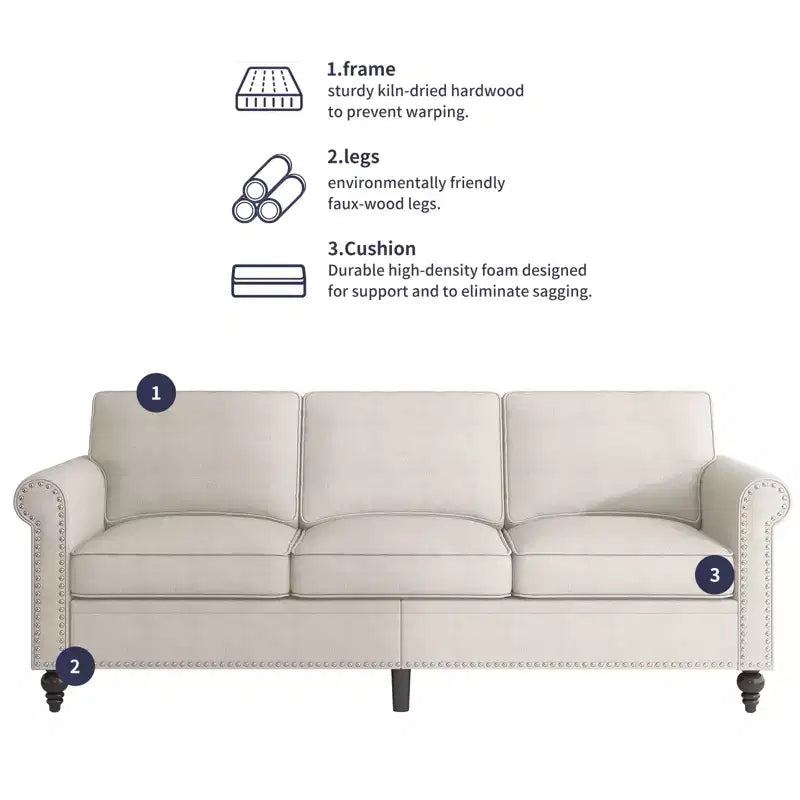 Mjkone Modern Linen Fabric 3-Seater Sofa Couch with Single Sofa Chair with Rivet Design for Living Room,Bedroom,Apartment,Office
