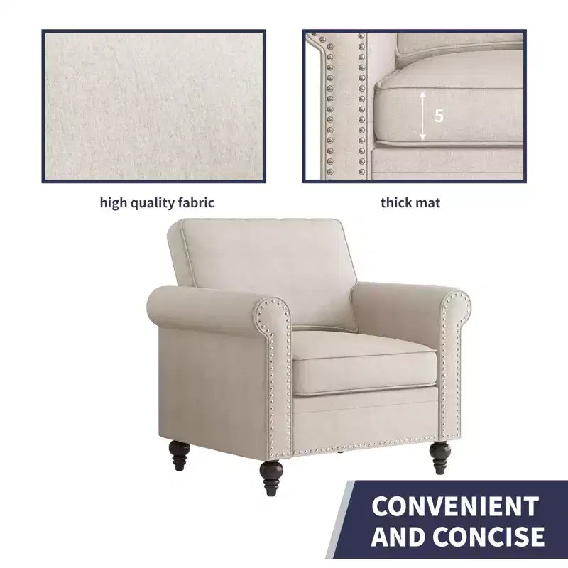 Mjkone Modern Linen Fabric 3-Seater Sofa Couch with Single Sofa Chair with Rivet Design for Living Room,Bedroom,Apartment,Office