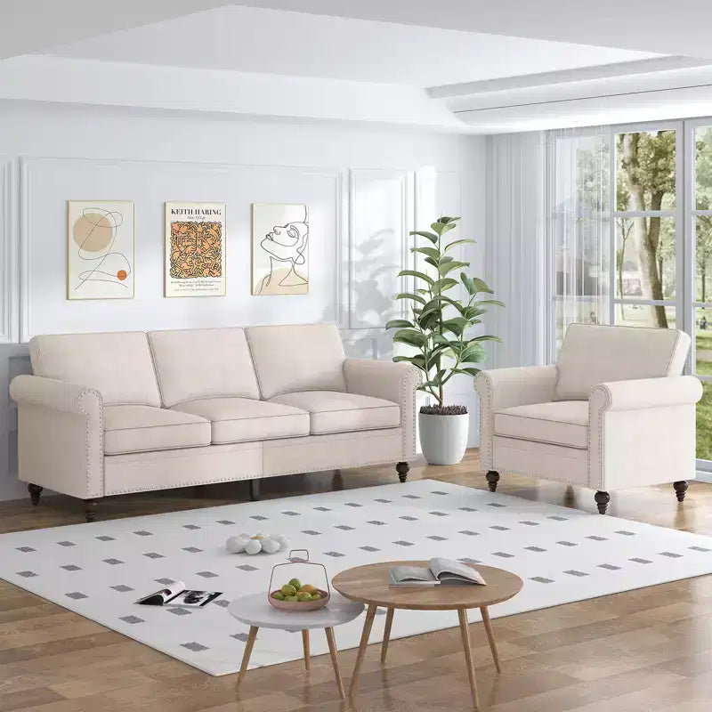Mjkone Modern Linen Fabric 3-Seater Sofa Couch with Single Sofa Chair with Rivet Design for Living Room,Bedroom,Apartment,Office