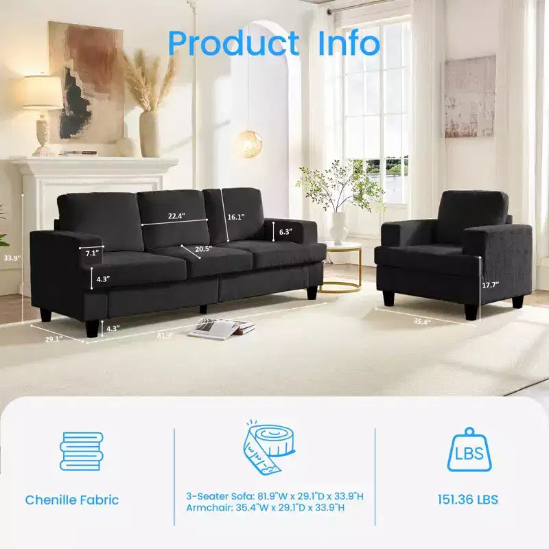 Mjkone 82Chenille 3-Seat Straight Sectional Sofa with 56''Armchair,2 Piece Living Room Sectional Sofa Furniture Sets