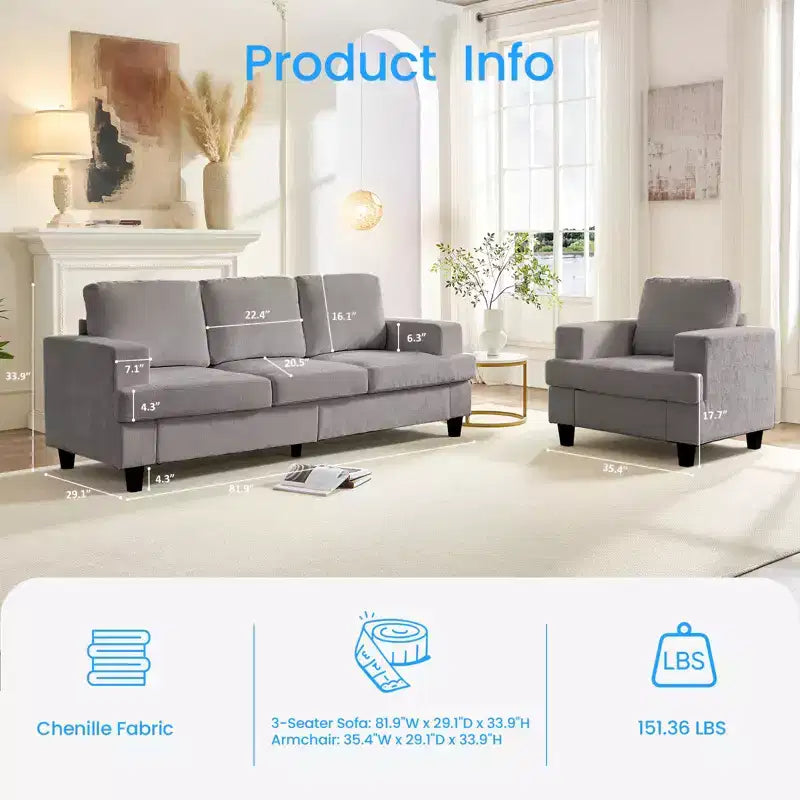 Mjkone 82Chenille 3-Seat Straight Sectional Sofa with 56''Armchair,2 Piece Living Room Sectional Sofa Furniture Sets