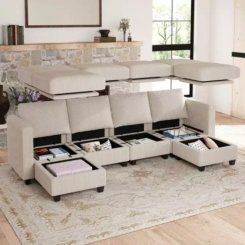 Belffin Modular U Shape Couch with Storage Ottoman Corduroy Sectional Couch with Chaise Convertible Modern Sectional Sofa Couch