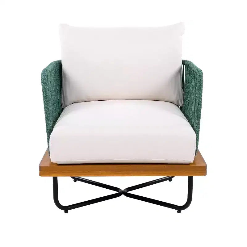 Christopher Knight Home Galen Juego de 4 piezas de asientos tapizados con estructura de acacia y hierro y cuerda trenzada para exteriores