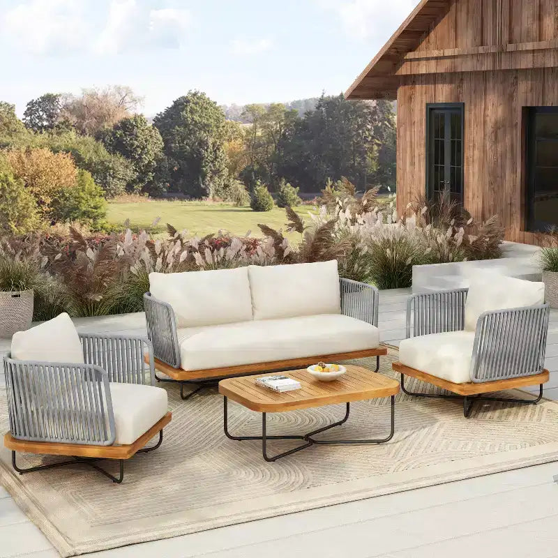 Christopher Knight Home Galen 4 Piece Outdoor Rope Woven Acacia and Iron Frame Upholstered Seating Set