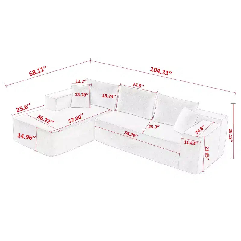 MAYEERTY 104.33 White L-Shaped Sponge Modular Floor Sectional Sofa Cloud Couch for Living Room