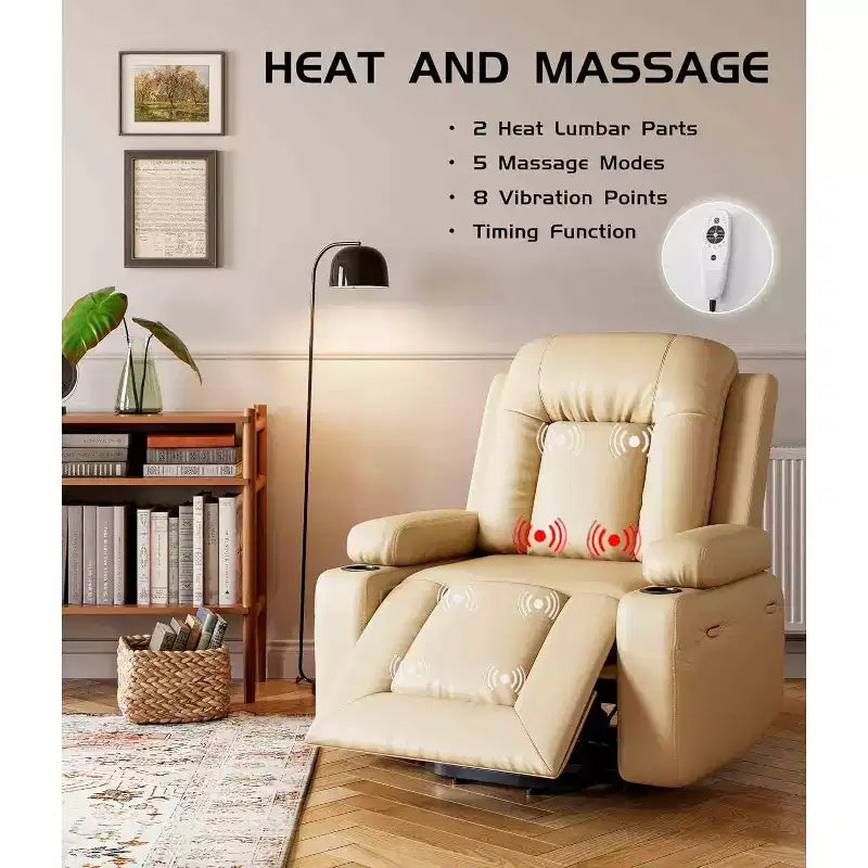 Oversized Power Lift Recliner Chair with Heat & Massage - Faux Leather Recliner, Built-In Storage & Cup Holders