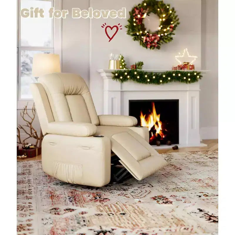 Oversized Power Lift Recliner Chair with Heat & Massage - Faux Leather Recliner, Built-In Storage & Cup Holders