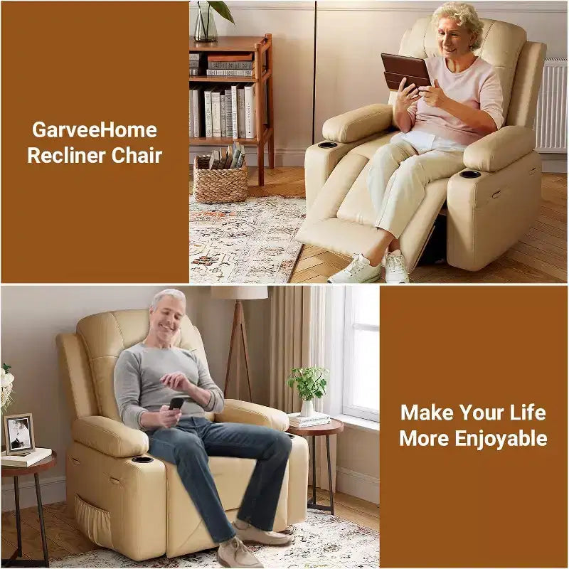 Oversized Power Lift Recliner Chair with Heat & Massage - Faux Leather Recliner, Built-In Storage & Cup Holders