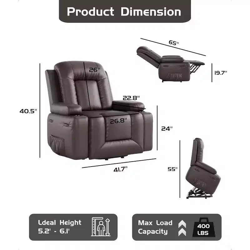 Oversized Power Lift Recliner Chair with Heat & Massage - Faux Leather Recliner, Built-In Storage & Cup Holders