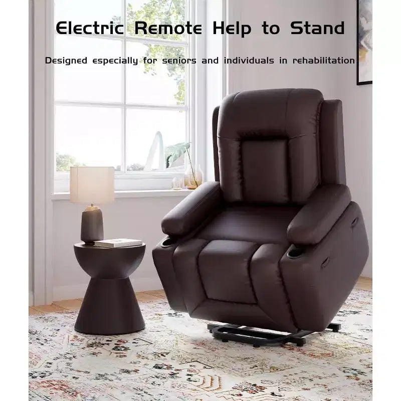 Oversized Power Lift Recliner Chair with Heat & Massage - Faux Leather Recliner, Built-In Storage & Cup Holders