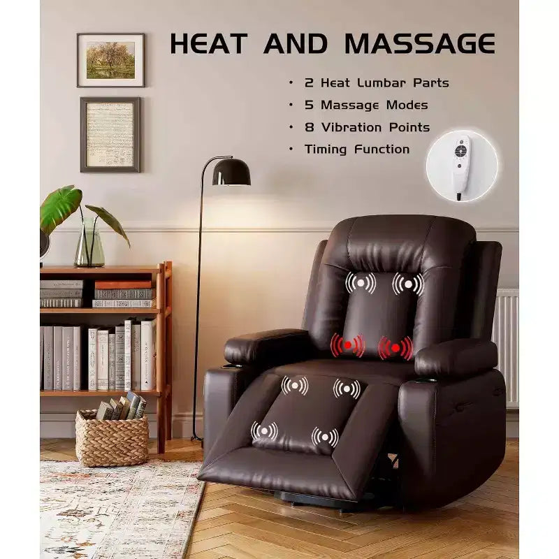 Oversized Power Lift Recliner Chair with Heat & Massage - Faux Leather Recliner, Built-In Storage & Cup Holders
