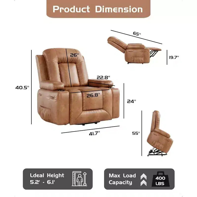 Oversized Power Lift Recliner Chair with Heat & Massage - Faux Leather Recliner, Built-In Storage & Cup Holders