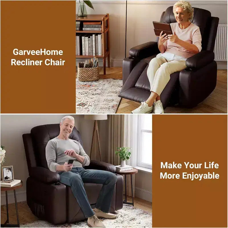 Oversized Power Lift Recliner Chair with Heat & Massage - Faux Leather Recliner, Built-In Storage & Cup Holders