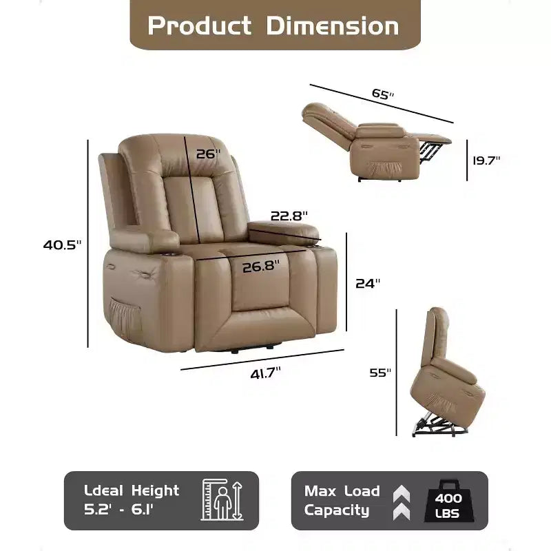 Oversized Power Lift Recliner Chair with Heat & Massage - Faux Leather Recliner, Built-In Storage & Cup Holders
