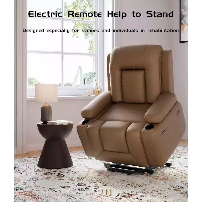 Oversized Power Lift Recliner Chair with Heat & Massage - Faux Leather Recliner, Built-In Storage & Cup Holders