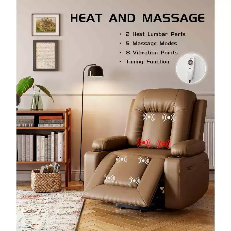 Oversized Power Lift Recliner Chair with Heat & Massage - Faux Leather Recliner, Built-In Storage & Cup Holders
