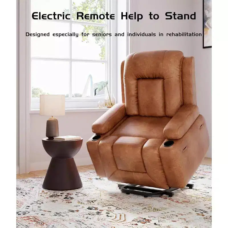 Oversized Power Lift Recliner Chair with Heat & Massage - Faux Leather Recliner, Built-In Storage & Cup Holders