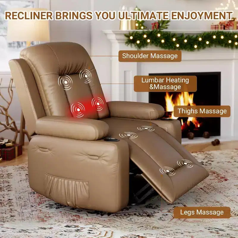 Oversized Power Lift Recliner Chair with Heat & Massage - Faux Leather Recliner, Built-In Storage & Cup Holders